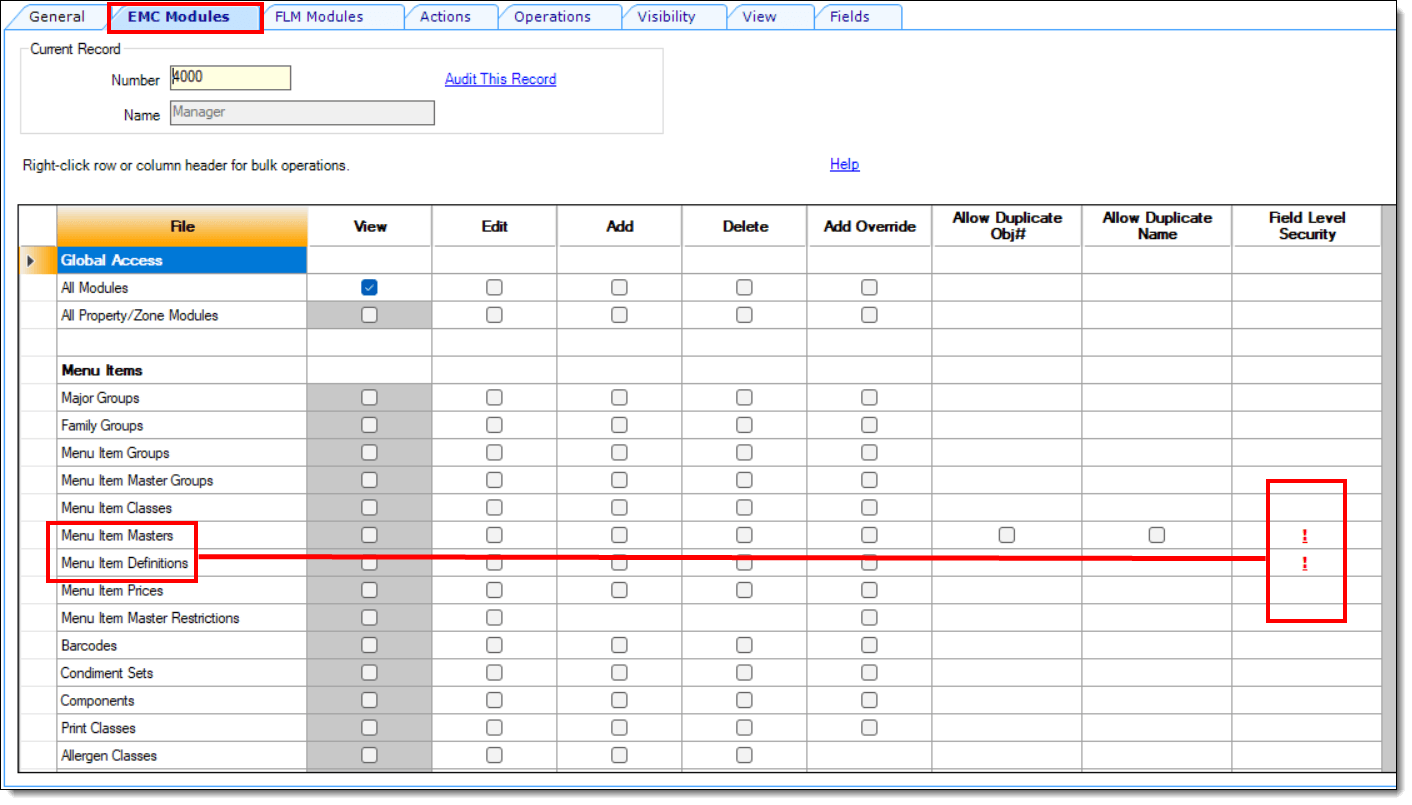This figure shows the Roles module, specifically the EMC Modules tab and the restriction indicators which show in the Field Level Security column. This figure shows the Roles module, specifically the EMC Modules tab and the restriction indicators which show in the Field Level Security column.