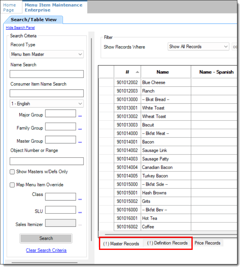 This figure shows the table view of the MI Maintenance module, specifically the restriction indicators which are showing on the MI Masters and MI Definitions tabs. This figure shows the table view of the MI Maintenance module, specifically the restriction indicators which are showing on the MI Masters and MI Definitions tabs.