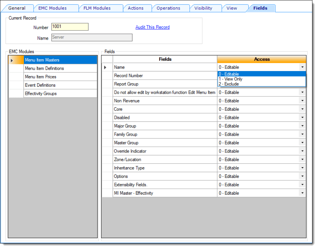This figure shows the Roles module, specifically the Fields tab and its settings. This figure shows the Roles module, specifically the Fields tab and its settings.