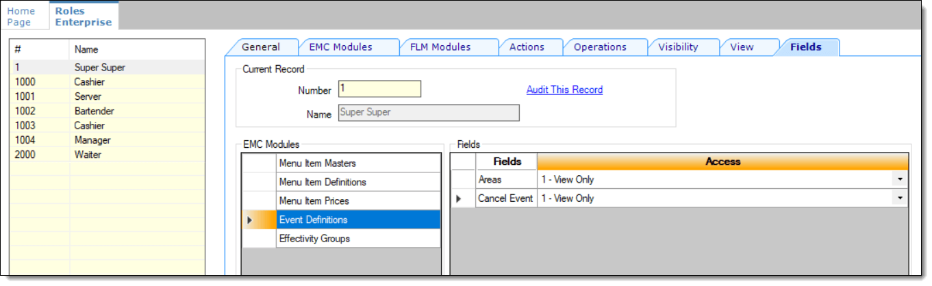 This figure shows the Roles module, Fields tab, specifically the available Event Definitions field settings. This figure shows the Roles module, Fields tab, specifically the available Event Definitions field settings.