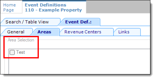 This figure shows the Event Definitions module and the grayed out Areas tab field which has restricted access as configured from the Roles module via the Fields tab. This figure shows the Event Definitions module and the grayed out Areas tab field which has restricted access as configured from the Roles module via the Fields tab.