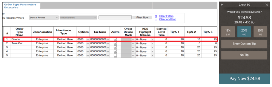 This figure shows the Order Type Parameters module with suggested tip percentages indicated in red outline. This figure shows the Order Type Parameters module with suggested tip percentages indicated in red outline.