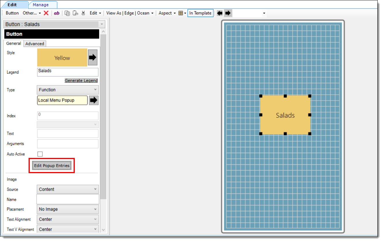 This image shows the Page Design module when configuring the Local Menu Pop-up button. This image shows the Page Design module when configuring the Local Menu Pop-up button.