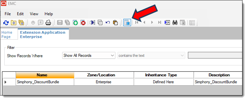 This figure shows the location of the toggle view icon on the EMC toolbar. This figure shows the location of the toggle view icon on the EMC toolbar.