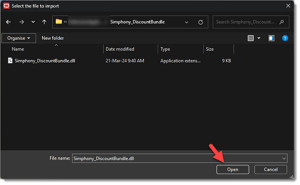This figure shows the extension application module when importing the Simphony_DiscountBundle.dll. This figure shows the extension application module when importing the Simphony_DiscountBundle.dll.