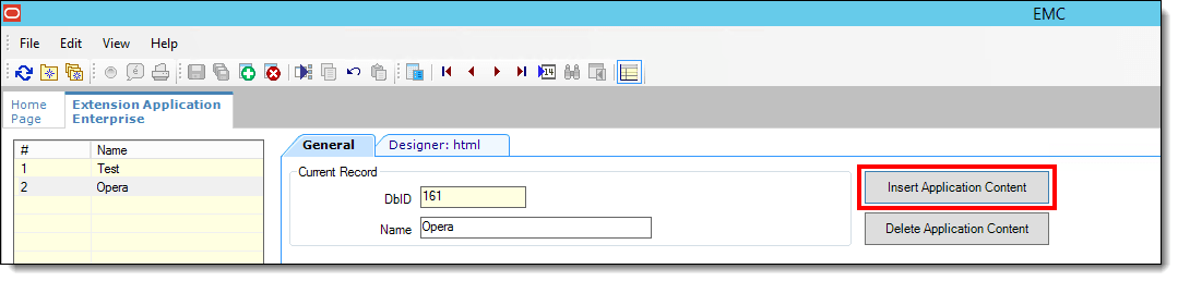 This figure shows the Extension Application module, specifically the Insert Application Content button. This figure shows the Extension Application module, specifically the Insert Application Content button.