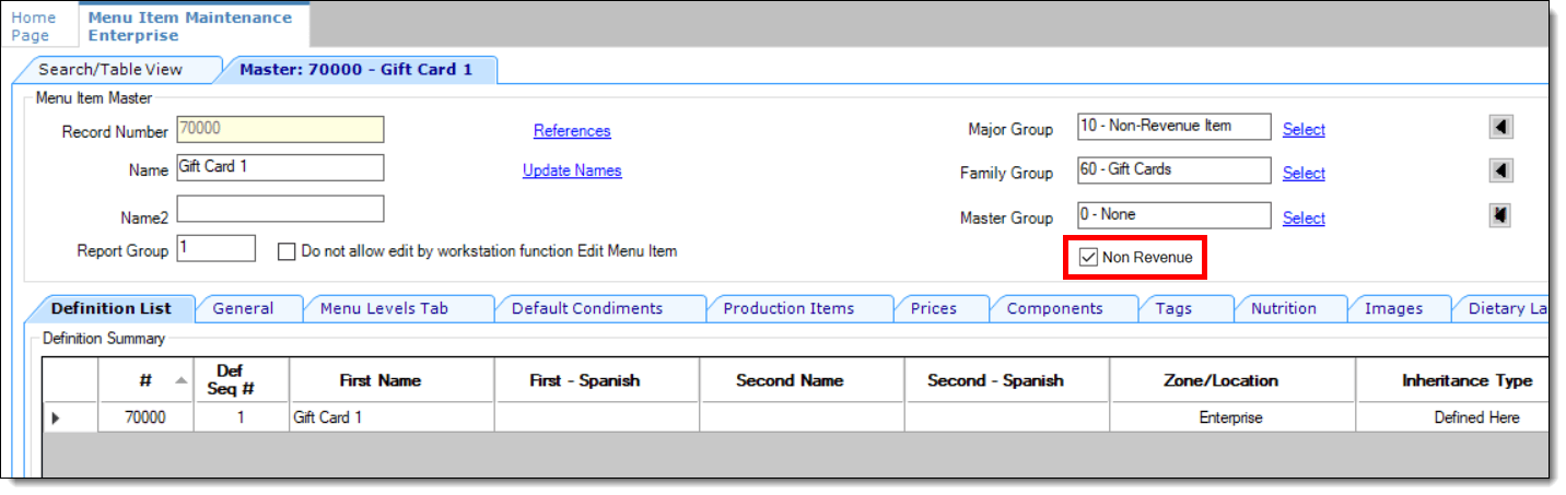 This figure shows the Menu Item Maintenance module’s Master records section. This figure shows the Menu Item Maintenance module’s Master records section.
