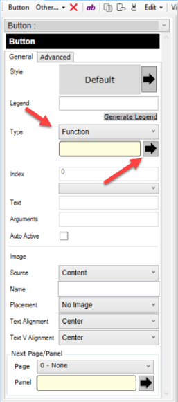 This image shows the Button dialog with arrows pointing to the Type field and the arrow adjacent to it. This image shows the Button dialog with arrows pointing to the Type field and the arrow adjacent to it.