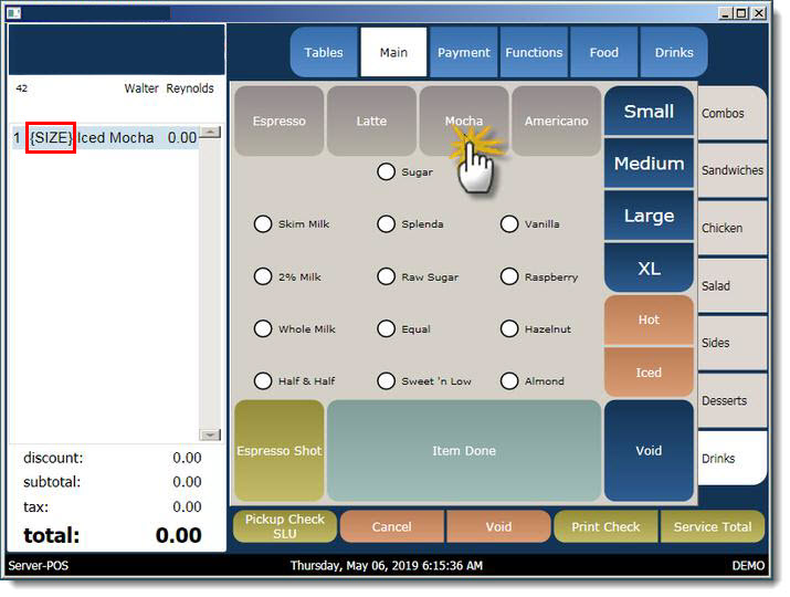 This figure shows the POS workstation where the SIZE placeholder menu item is displayed in the order entry area. This figure shows the POS workstation where the SIZE placeholder menu item is displayed in the order entry area.