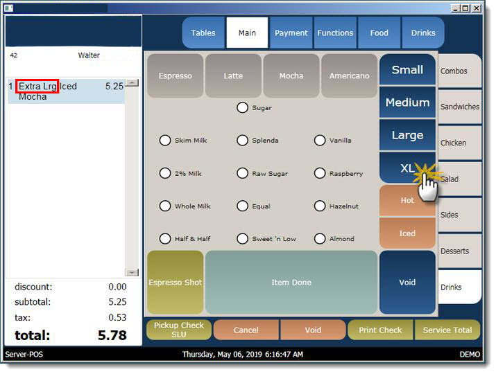 This figure shows the POS workstation where the SIZE placeholder menu item is replaced by the XL sized item as displayed in the order entry area. This figure shows the POS workstation where the SIZE placeholder menu item is replaced by the XL sized item as displayed in the order entry area.