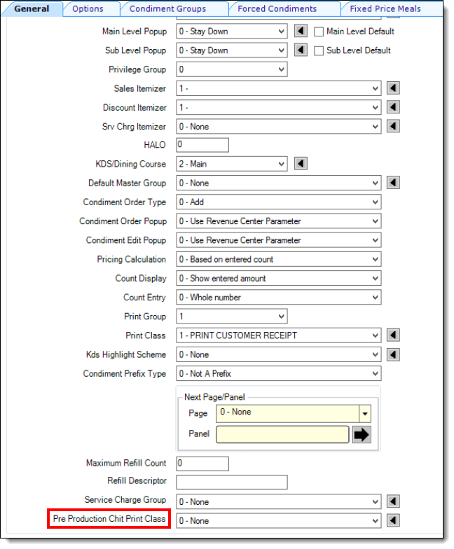 This figure shows the Menu Item Classes file and the Pre-Production Chit Print Class setting. This figure shows the Menu Item Classes file and the Pre-Production Chit Print Class setting.