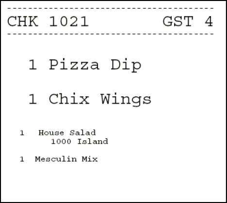 This figure shows an example image of an order chit which has the primary items printed on top followed by secondary items in a smaller font at the bottom of the chit. This figure shows an example image of an order chit which has the primary items printed on top followed by secondary items in a smaller font at the bottom of the chit.