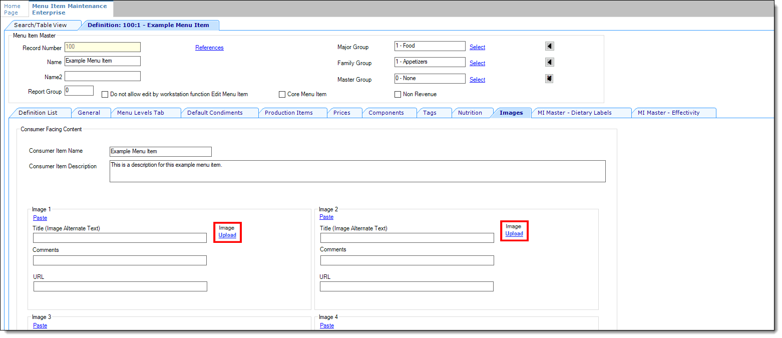 This figure shows the Menu Item Definition Images subtab with the active Upload link highlighted. This figure shows the Menu Item Definition Images subtab with the active Upload link highlighted.