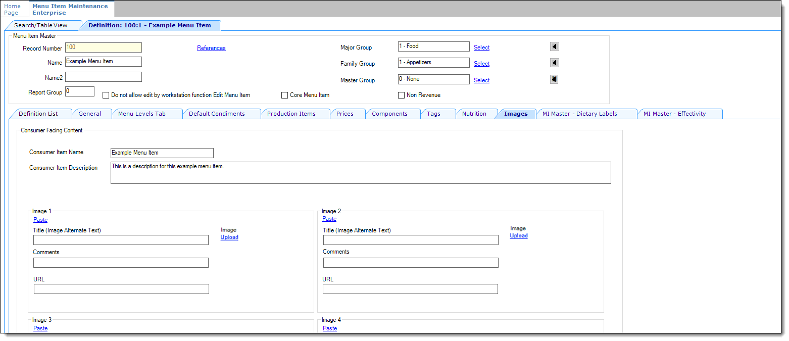 This figure shows the Menu Item Definition Images subtab. This figure shows the Menu Item Definition Images subtab.