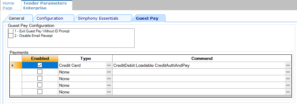 This figure shows the Tender Parameters module, Guest Pay tab and fields. This figure shows the Tender Parameters module, Guest Pay tab and fields.