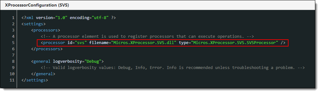 This figure shows the XProcessor Configuration processor id entry for the SVS Processor, indicated with a red rectangle surrounding the code. This figure shows the XProcessor Configuration processor id entry for the SVS Processor, indicated with a red rectangle surrounding the code.