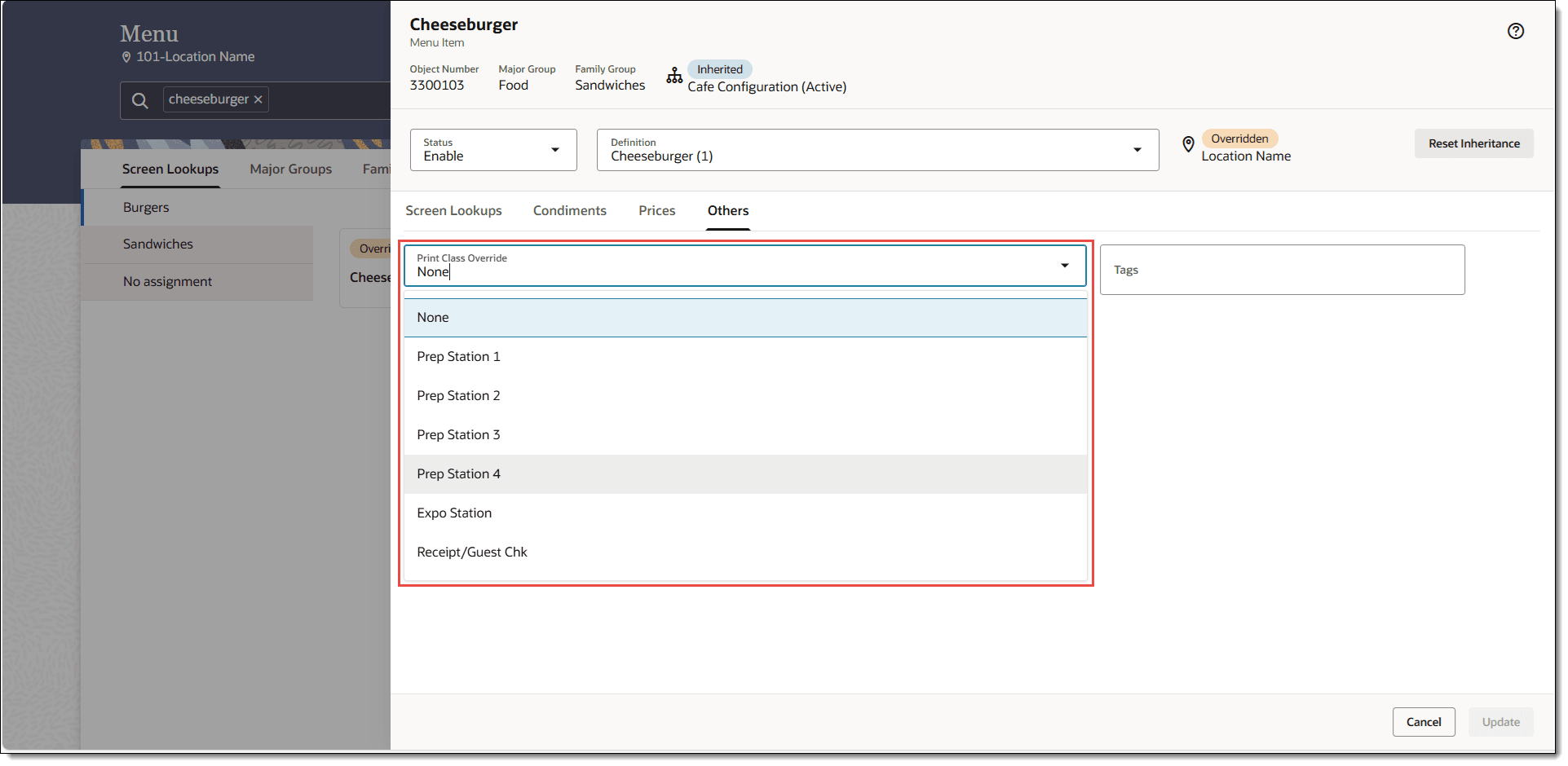 This figure shows the menu item with the Print Class Override drop-down list indicated in red. This figure shows the menu item with the Print Class Override drop-down list indicated in red.