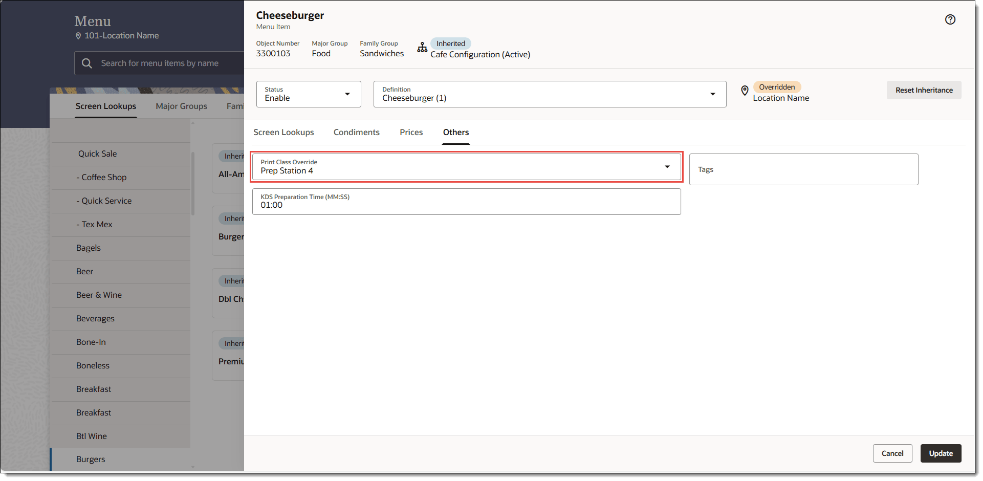 This figure shows the menu item with the selected Print Class Override indicated in red. This figure shows the menu item with the selected Print Class Override indicated in red.