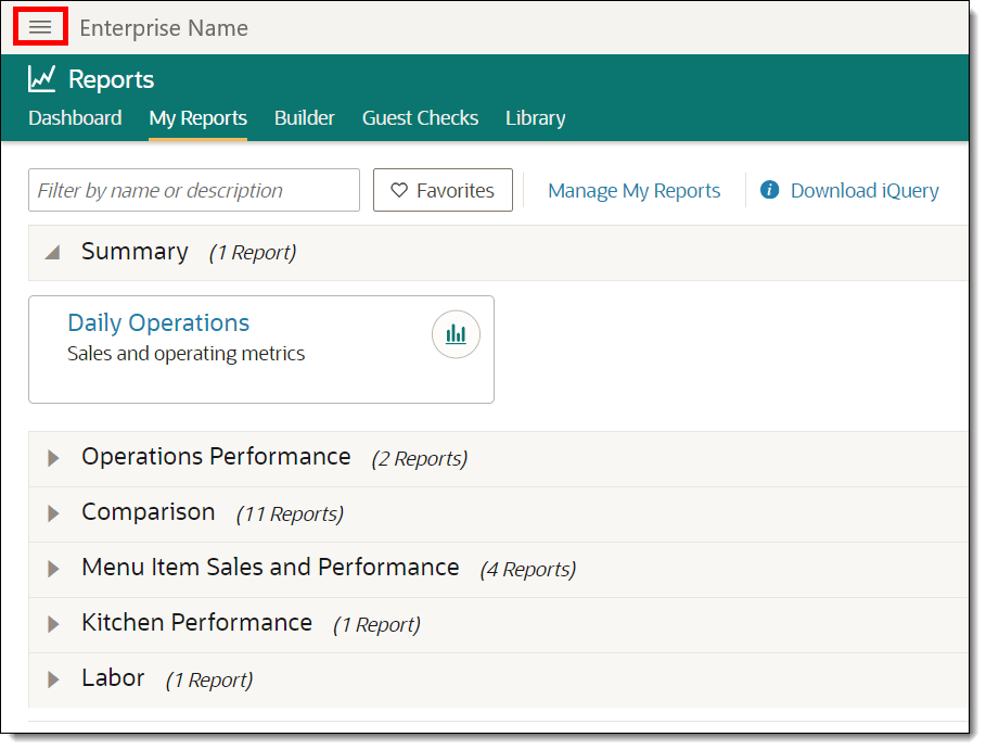 This figure shows the Simphony Reports page including the icon used to access FLM.