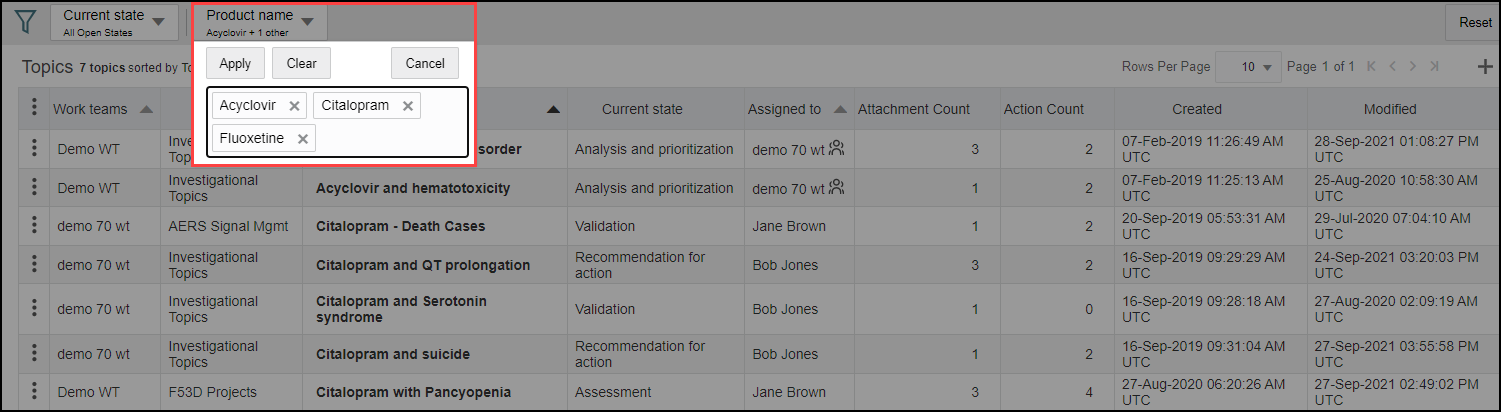 Topics tab table filter Topics tab table filter