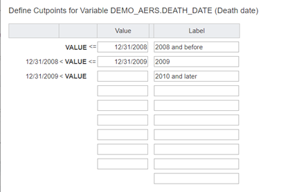Breakdown Details dialog box. You can define cutpoints for row and column variables Breakdown Details dialog box. You can define cutpoints for row and column variables
