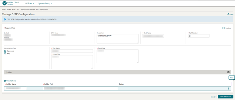 This image shows the Manage SFTP Configuration screen details This image shows the Manage SFTP Configuration screen details