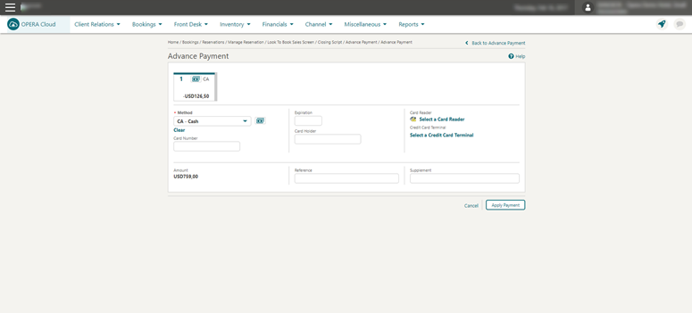 This image shows the Advance Payment screen This image shows the Advance Payment screen