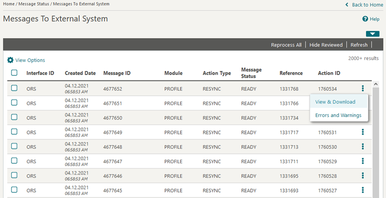 This image shows the Messages to external system screen This image shows the Messages to external system screen