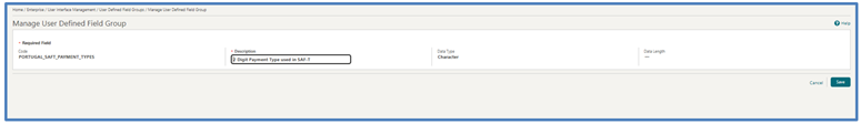 This image shows the Manage User Defined Field Group screen This image shows the Manage User Defined Field Group screen