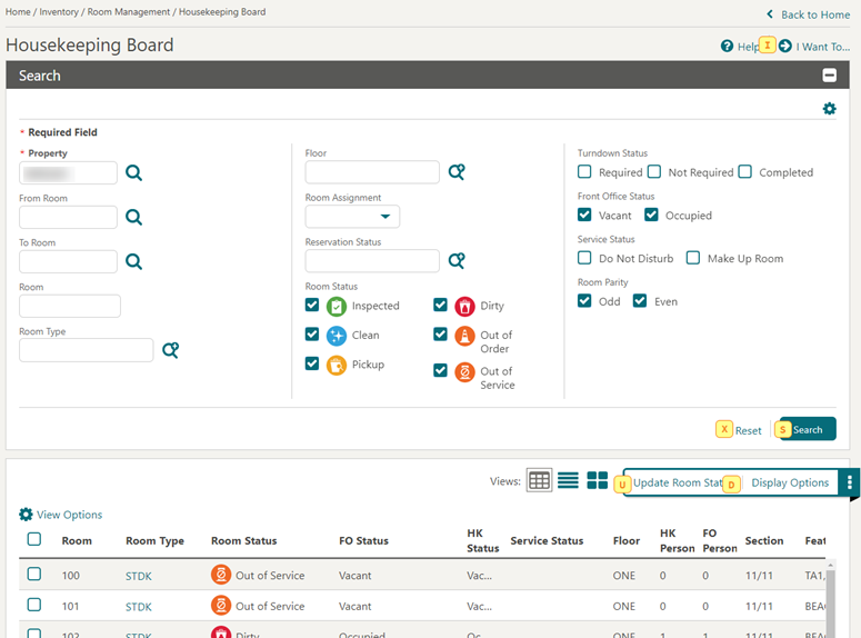 This image shows the Housekeeping Board screen This image shows the Housekeeping Board screen