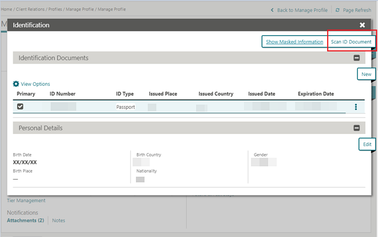 This image shows the Identification panel with Scan ID Document highlighted. This image shows the Identification panel with Scan ID Document highlighted.