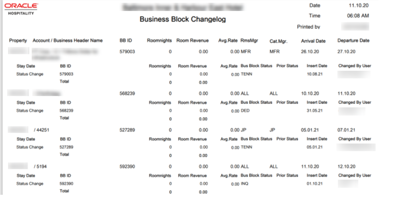 This image shows the Business Block Change log report This image shows the Business Block Change log report