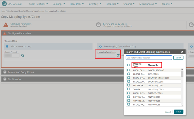 This image shows the Search and Select Mapping Types/Codes window This image shows the Search and Select Mapping Types/Codes window