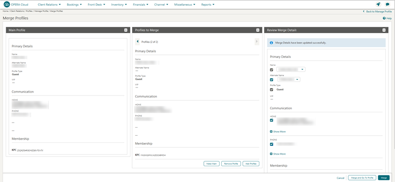 This image shows the Merge Profiles screen This image shows the Merge Profiles screen
