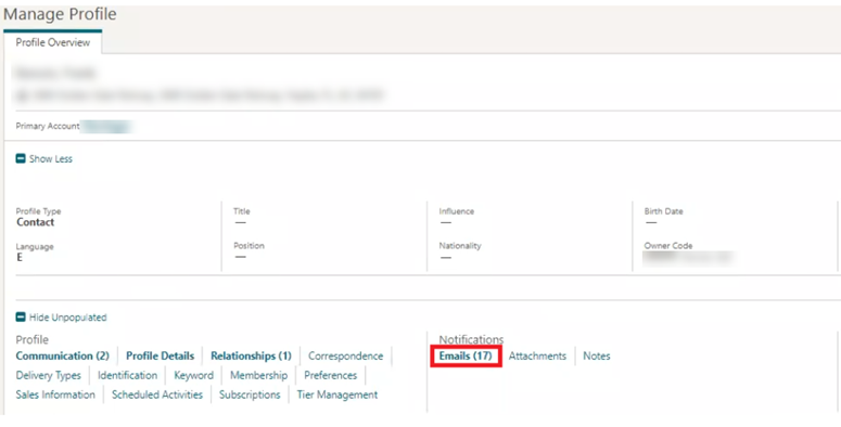 This image shows the Emails option added for contacts This image shows the Emails option added for contacts