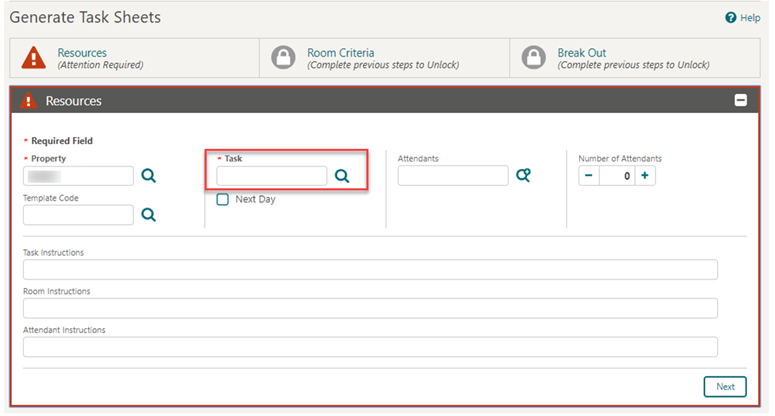 This image shows the Generate Task Sheets screen This image shows the Generate Task Sheets screen