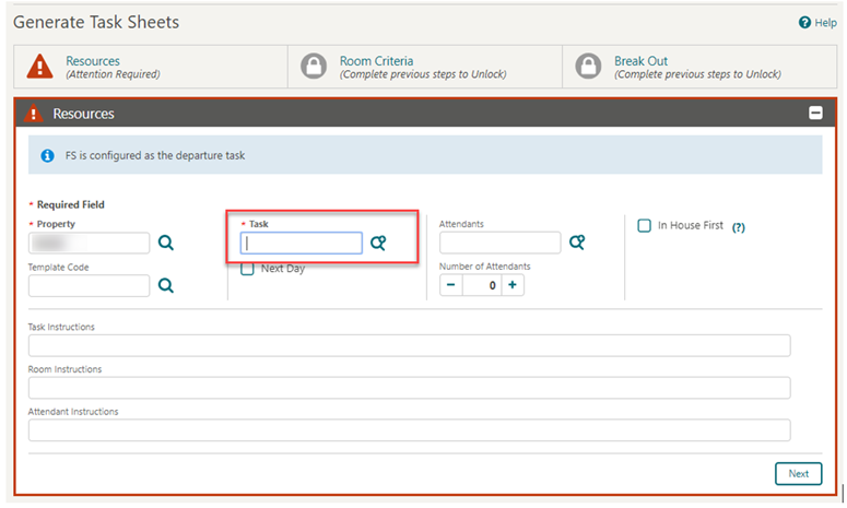 This image shows the Generate Task Sheets screen This image shows the Generate Task Sheets screen