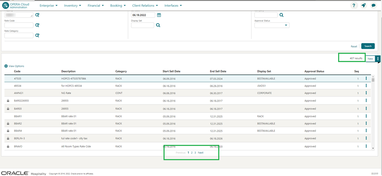 This image shows the Pagination Added to Rate Code Search screen This image shows the Pagination Added to Rate Code Search screen