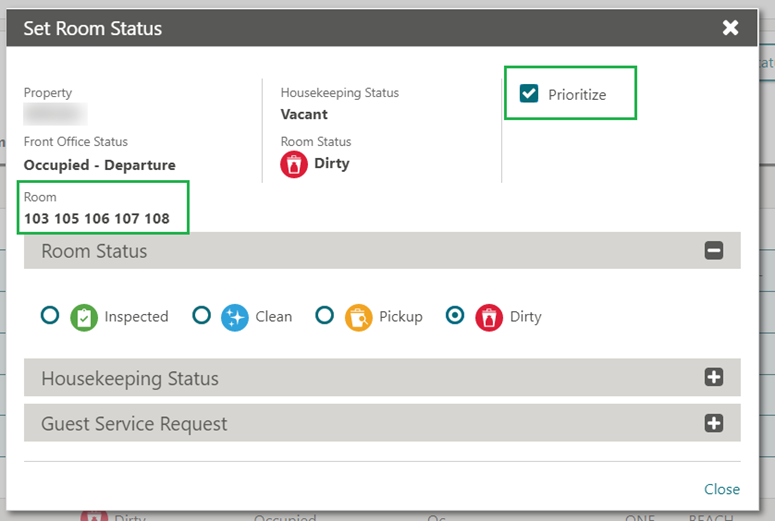 This image shows the Set Room Status screen This image shows the Set Room Status screen