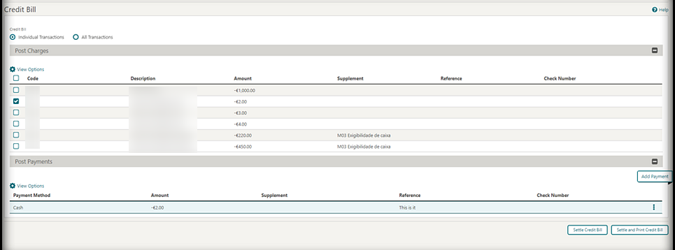 This images shows the Credit Bill screen.