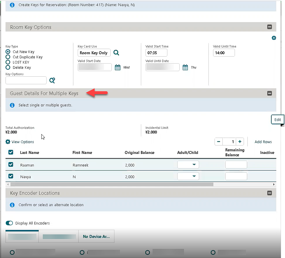 This image shows the Create Keys for Reservations screen.
