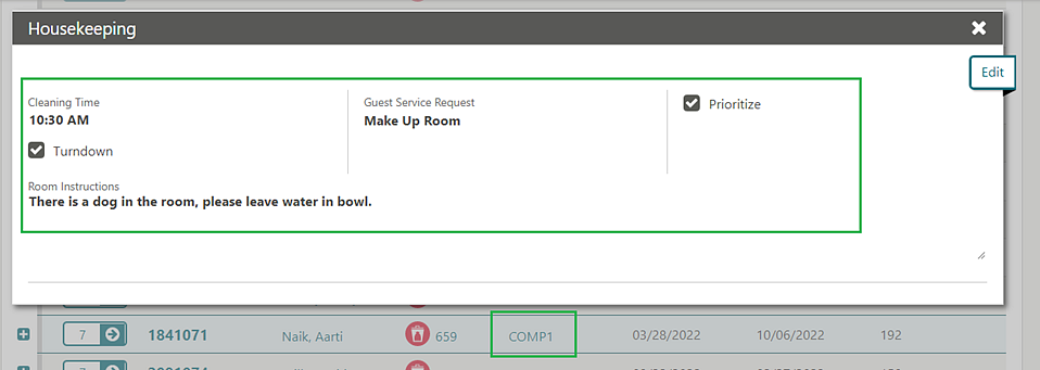 This image shows the housekeeping screen.