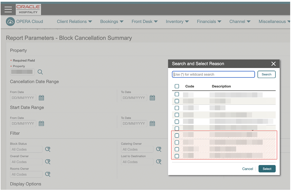 Report parameters - Block Cancellation Summary Report parameters - Block Cancellation Summary
