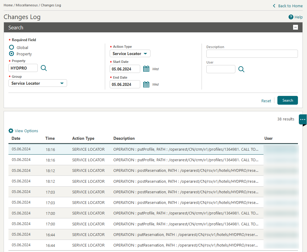Changes Log Search screen for Service Locator routing calls. Changes Log Search screen for Service Locator routing calls.