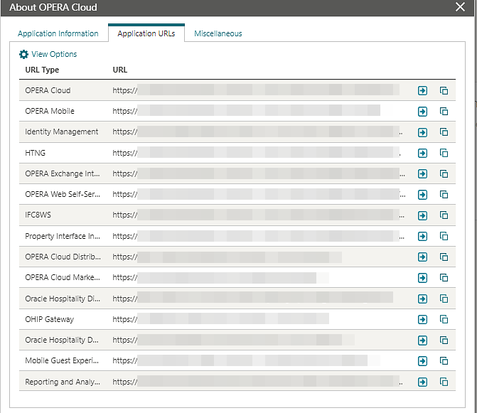 About OPERA Cloud screen showing application URLs. About OPERA Cloud screen showing application URLs.