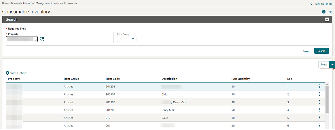 Consumable Inventory Search screen Consumable Inventory Search screen