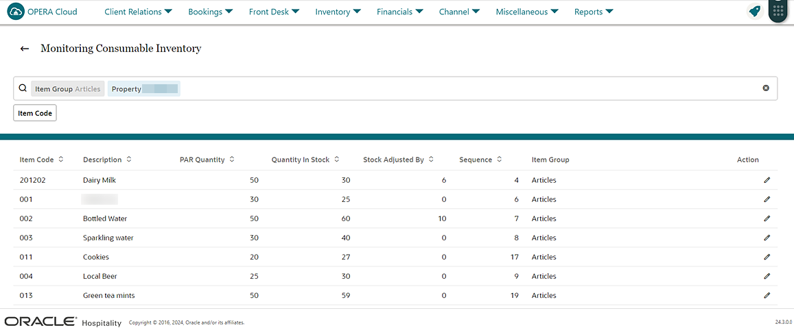 Monitoring Consumable Inventory screen Monitoring Consumable Inventory screen