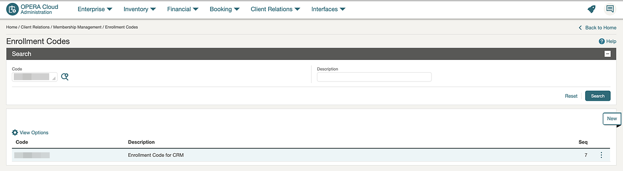 Enrollment Codes Search Screen Enrollment Codes Search Screen
