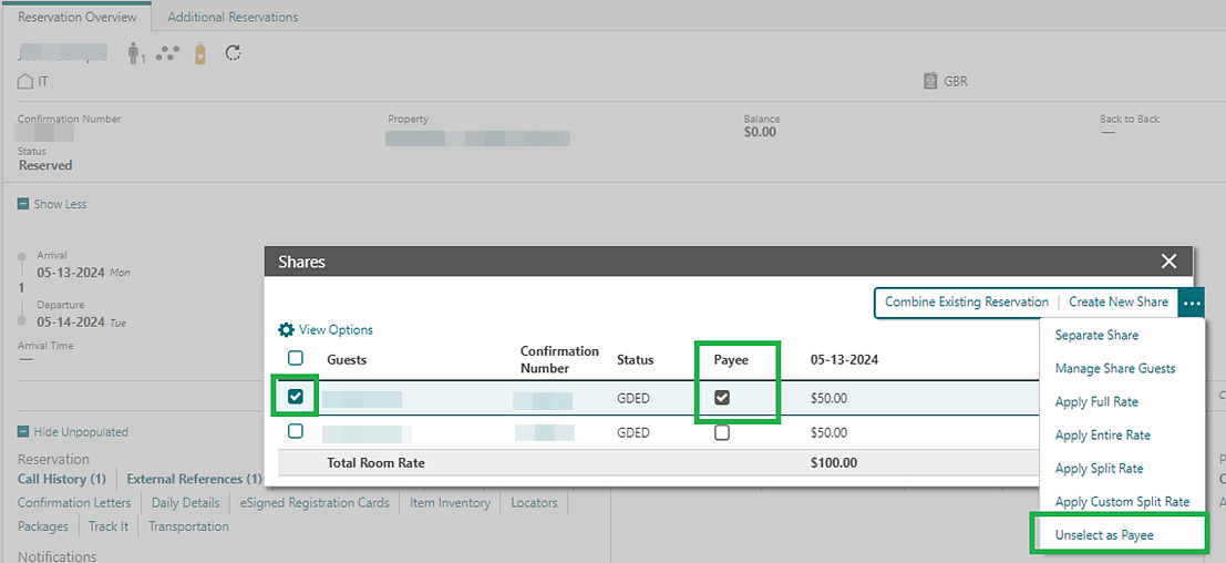 Reservation Overview, Shares, remove Payee. Reservation Overview, Shares, remove Payee.