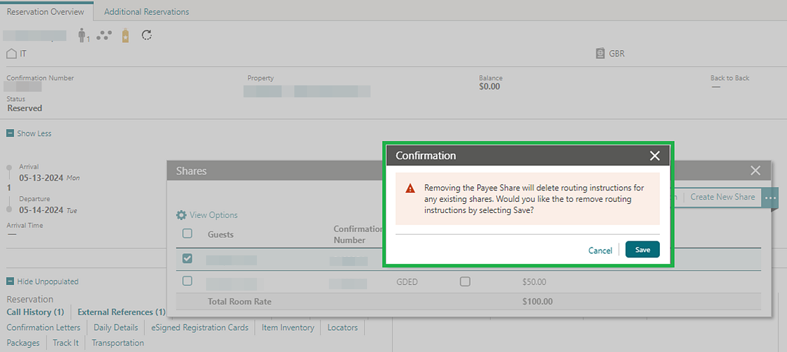 Reservation Overview, Shares, removing Payee removes routing instructions. Reservation Overview, Shares, removing Payee removes routing instructions.